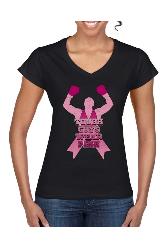 Tough Guys Wear Pink Boxer Breast Cancer Awareness Women Standard V-Neck Tee, Black, Medium
