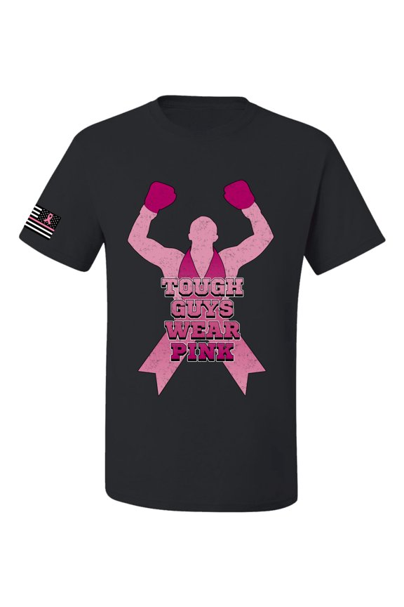 Tough Guys Wear Pink Boxer US Flag Breast Cancer Awareness Men Tee, Black, Large