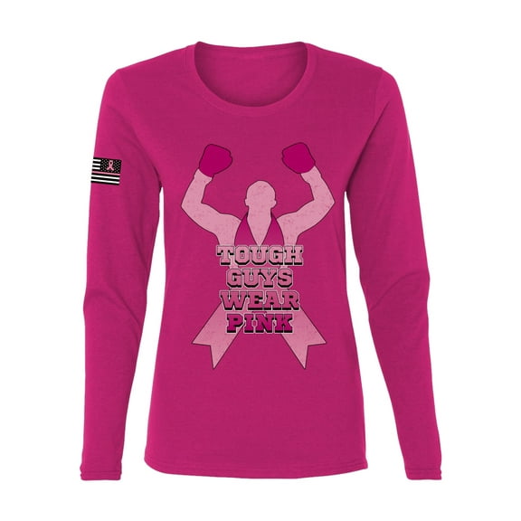 Wild Bobby Tough Guys Wear Pink Boxer US Flag Breast Cancer Awareness Women Graphic Long Sleeve Tee, Fuschia, Small