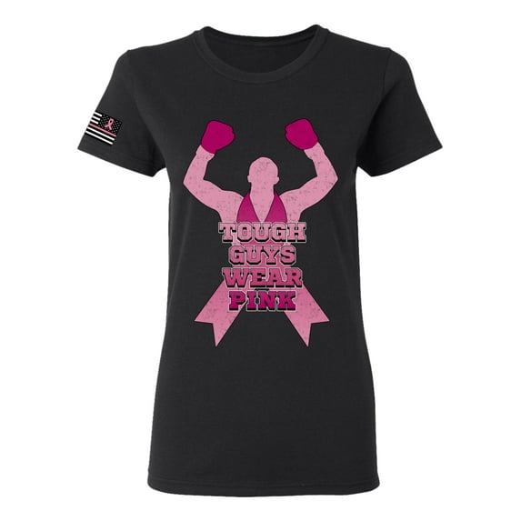 Wild Bobby Tough Guys Wear Pink Boxer US Flag Breast Cancer Awareness Women Graphic Tee, Black, Medium
