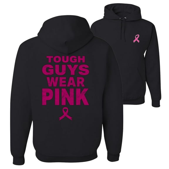 Wild Bobby Tough Guys Wear Pink Distressed Breast Cancer Awareness Front and Back Unisex Hoodie Sweatshirt, Black, Small