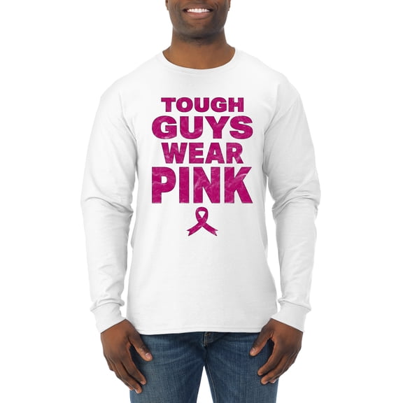 Wild Bobby Tough Guys Wear Pink Distressed Breast Cancer Awareness Men Long Sleeve Shirt, White, X-Large