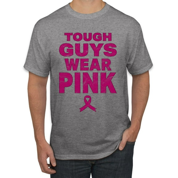 Wild Bobby Tough Guys Wear Pink Distressed Breast Cancer Awareness Men Tee, Heather Grey, Large