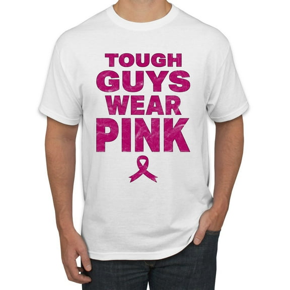 Wild Bobby Tough Guys Wear Pink Distressed Breast Cancer Awareness Men Tee, White, X-Large