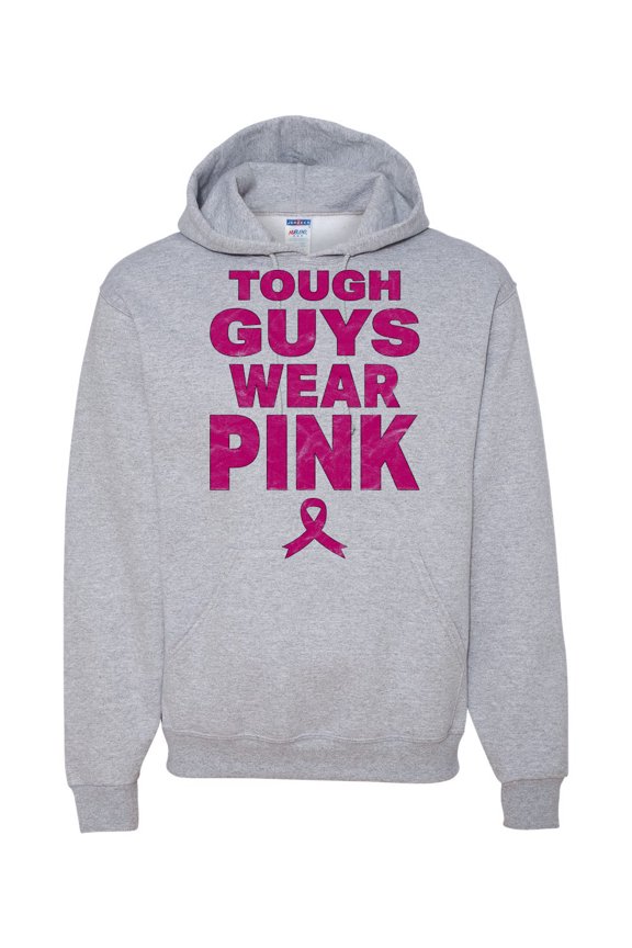 Tough Guys Wear Pink Distressed Breast Cancer Awareness Unisex Hoodie Sweatshirt, Heather Grey, Large