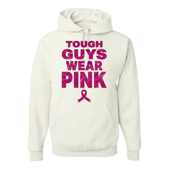 Wild Bobby Tough Guys Wear Pink Distressed Breast Cancer Awareness Unisex Hoodie Sweatshirt, White, Medium