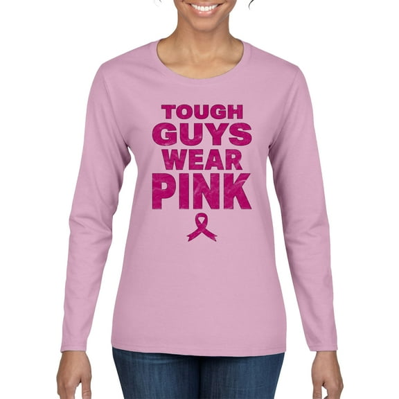 Wild Bobby Tough Guys Wear Pink Distressed Breast Cancer Awareness Women Graphic Long Sleeve Tee, Light Pink, Small