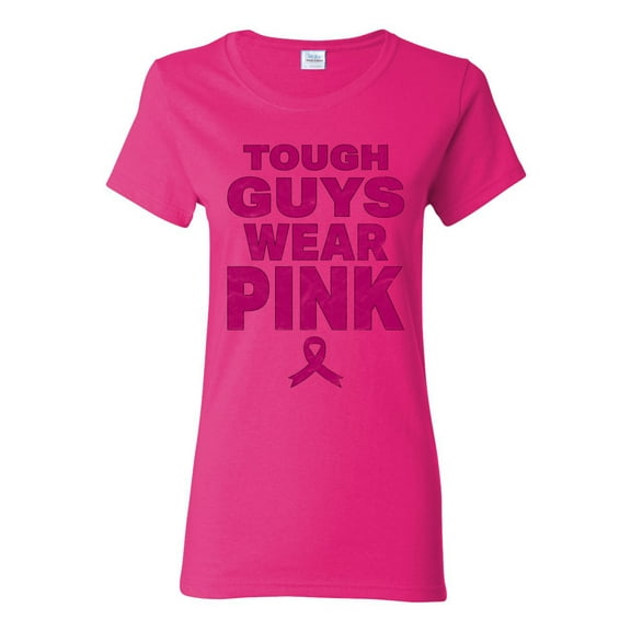 Wild Bobby Tough Guys Wear Pink Distressed Breast Cancer Awareness Women Graphic Tee, Fuschia, Large