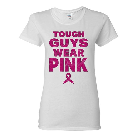 Wild Bobby Tough Guys Wear Pink Distressed Breast Cancer Awareness Women Graphic Tee, White, XX-Large