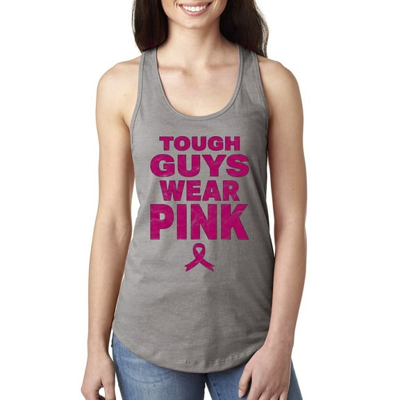 Wild Bobby Tough Guys Wear Pink Distressed Breast Cancer Awareness Women Racerback Tank Top, Heather Grey, Medium