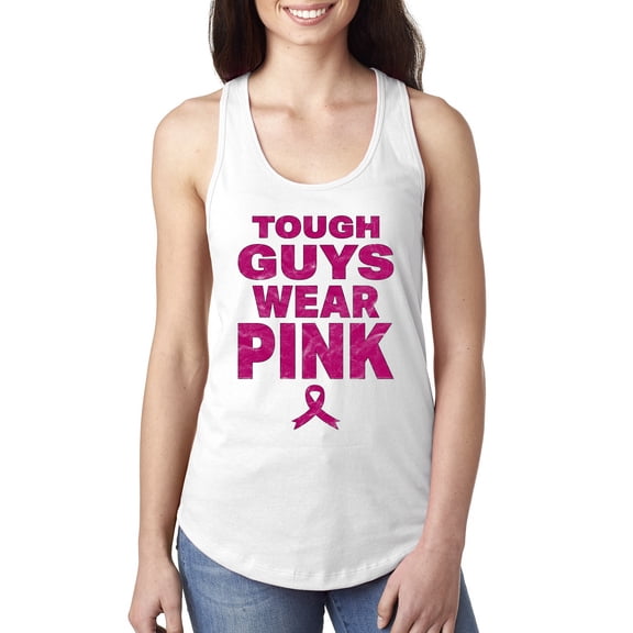 Wild Bobby Tough Guys Wear Pink Distressed Breast Cancer Awareness Women Racerback Tank Top, White, Small