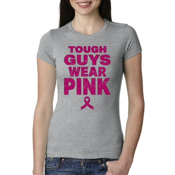 Wild Bobby Tough Guys Wear Pink Distressed Breast Cancer Awareness Women Slim Fit Junior Tee, Heather Grey, Small