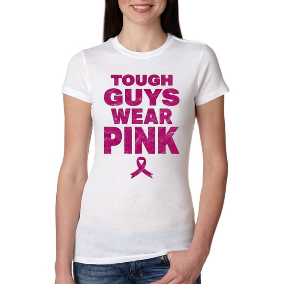 Wild Bobby Tough Guys Wear Pink Distressed Breast Cancer Awareness Women Slim Fit Junior Tee, White, Large