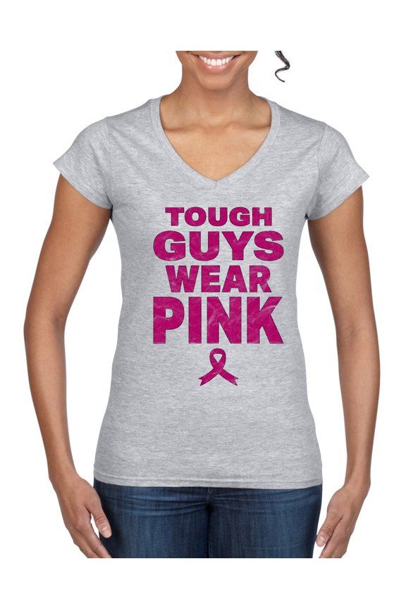 Tough Guys Wear Pink Distressed Breast Cancer Awareness Women Standard V-Neck Tee, Heather Grey, Medium