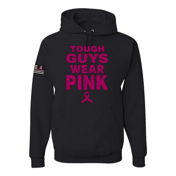 Wild Bobby Tough Guys Wear Pink Distressed US Flag Breast Cancer Awareness Unisex Hoodie Sweatshirt, Black, Small