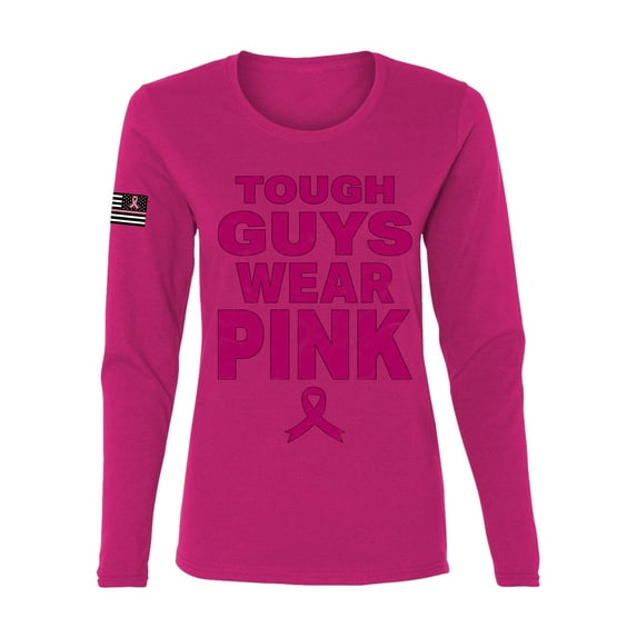 Wild Bobby Tough Guys Wear Pink Distressed US Flag Breast Cancer Awareness Women Graphic Long Sleeve Tee, Fuschia, Medium