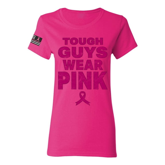 Wild Bobby Tough Guys Wear Pink Distressed US Flag Breast Cancer Awareness Women Graphic Tee, Fuschia, XX-Large
