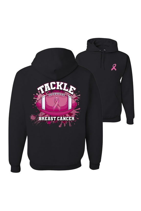Tougher Than Cancer Football Paint Splatters Breast Cancer Awareness Front and Back Unisex Hoodie Sweatshirt, Black, X-Large
