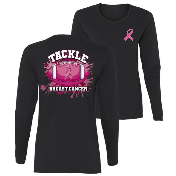 Wild Bobby Tougher Than Cancer Football Paint Splatters Breast Cancer Awareness Front and Back Womens Graphic Long Sleeve T-Shirt, Black, Small
