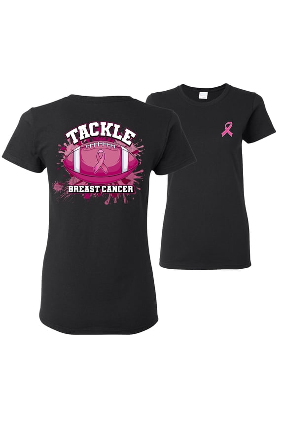 Tougher Than Cancer Football Paint Splatters Breast Cancer Awareness Front and Back Womens Graphic T-Shirt, Black, X-Large