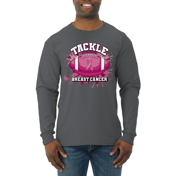 Wild Bobby Tougher Than Cancer Football Paint Splatters Breast Cancer Awareness Men Long Sleeve Shirt, Charcoal, Large
