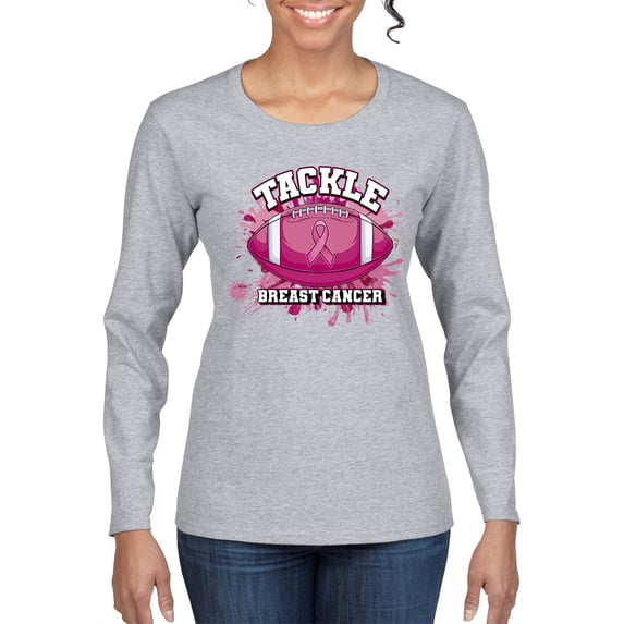 Wild Bobby Tougher Than Cancer Football Paint Splatters Breast Cancer Awareness Women Graphic Long Sleeve Tee, Heather Grey, XX-Large