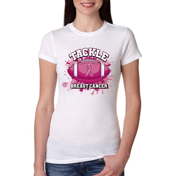 Wild Bobby Tougher Than Cancer Football Paint Splatters Breast Cancer Awareness Women Slim Fit Junior Tee, White, Large