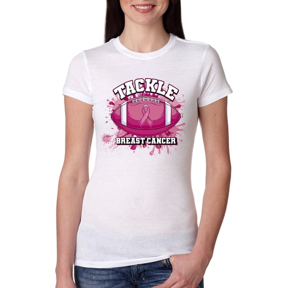 Wild Bobby Tougher Than Cancer Football Paint Splatters Breast Cancer Awareness Women Slim Fit Junior Tee, White, Medium