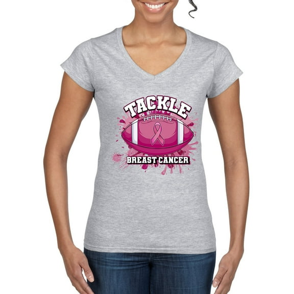 Wild Bobby Tougher Than Cancer Football Paint Splatters Breast Cancer Awareness Women Standard V-Neck Tee, Heather Grey, Medium