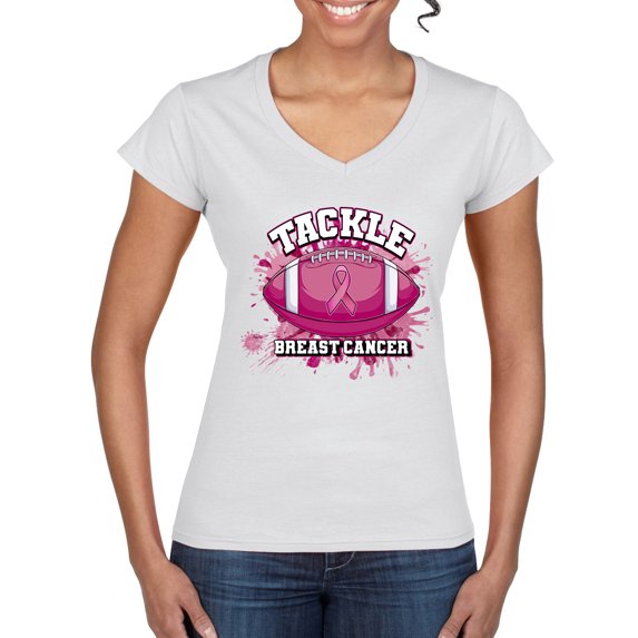Wild Bobby Tougher Than Cancer Football Paint Splatters Breast Cancer Awareness Women Standard V-Neck Tee, White, Small