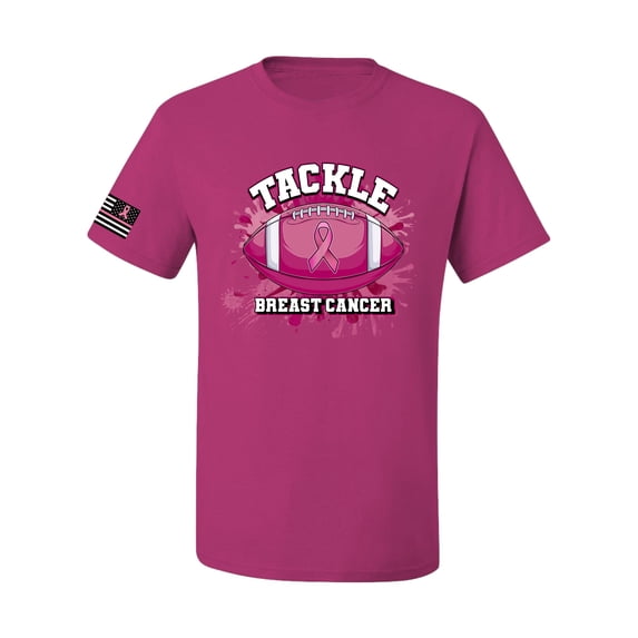 Wild Bobby Tougher Than Cancer Football Paint Splatters US Flag Breast Cancer Awareness Men Tee, Fuschia, Medium