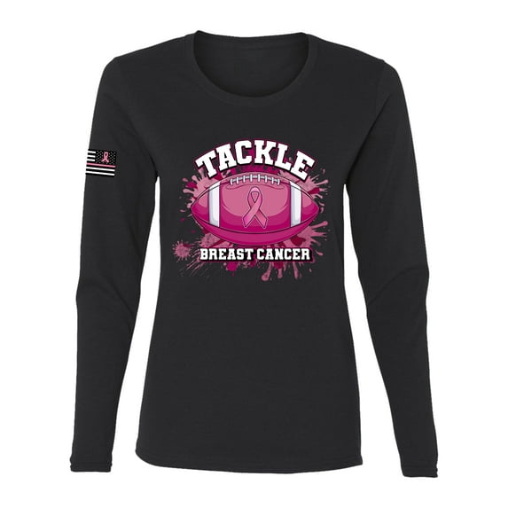 Wild Bobby Tougher Than Cancer Football Paint Splatters US Flag Breast Cancer Awareness Women Graphic Long Sleeve Tee, Black, Small