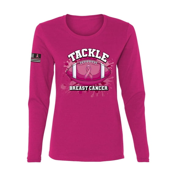 Wild Bobby Tougher Than Cancer Football Paint Splatters US Flag Breast Cancer Awareness Women Graphic Long Sleeve Tee, Fuschia, Large