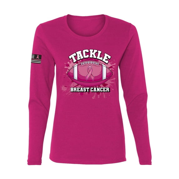 Wild Bobby Tougher Than Cancer Football Paint Splatters US Flag Breast Cancer Awareness Women Graphic Long Sleeve Tee, Fuschia, Small