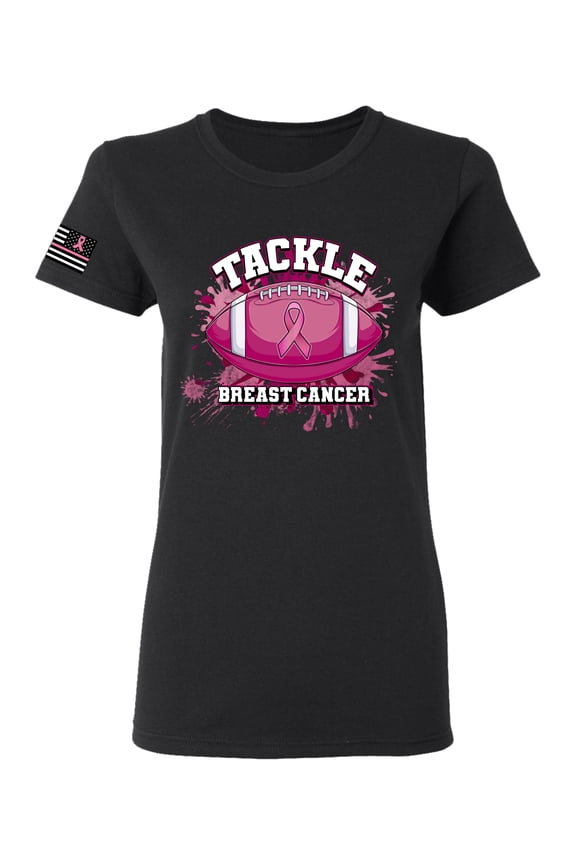 Tougher Than Cancer Football Paint Splatters US Flag Breast Cancer Awareness Women Graphic Tee, Black, Medium