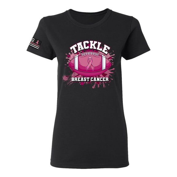 Wild Bobby Tougher Than Cancer Football Paint Splatters US Flag Breast Cancer Awareness Women Graphic Tee, Black, Small