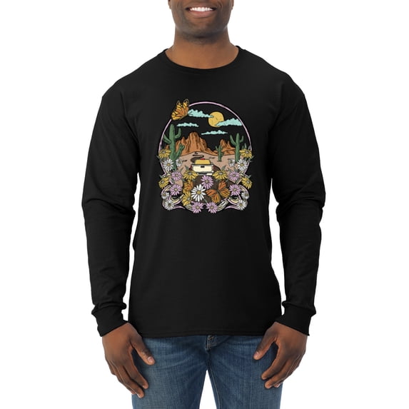 Wild Bobby Trendy Landscape With Daisies Cactus Monarch Butterfly Nature Lover Men Long Sleeve Shirt, Black, Medium