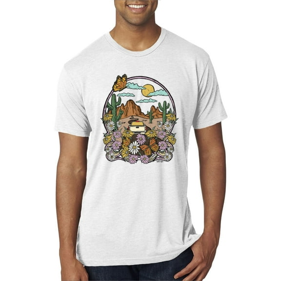 Wild Bobby Trendy Landscape With Daisies Cactus Monarch Butterfly Nature Lover Men Premium Tri Blend Tee, Heather White, Small