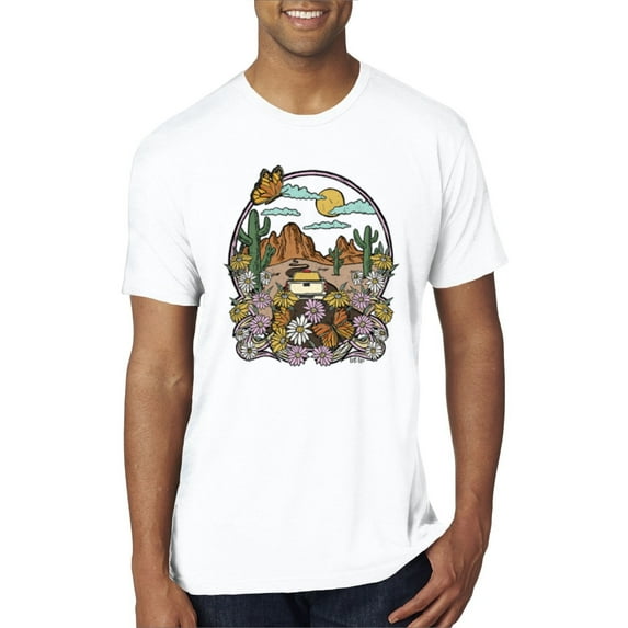 Wild Bobby Trendy Landscape With Daisies Cactus Monarch Butterfly Nature Lover Men Premium Tri Blend Tee, True White, Large