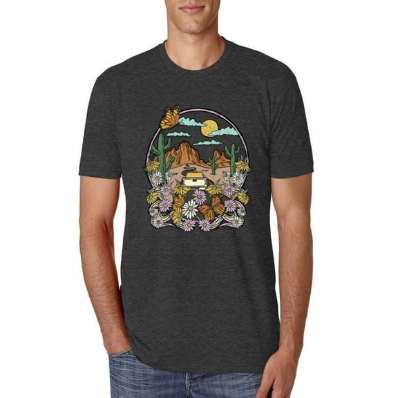 Wild Bobby Trendy Landscape With Daisies Cactus Monarch Butterfly Nature Lover Men Premium Tri Blend Tee, Vintage Black, Large