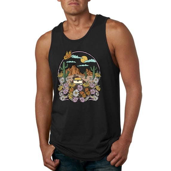 Wild Bobby Trendy Landscape With Daisies Cactus Monarch Butterfly Nature Lover Men Tank Top, Black, Medium