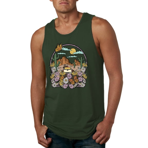 Wild Bobby Trendy Landscape With Daisies Cactus Monarch Butterfly Nature Lover Men Tank Top, Forest Green, X-Large