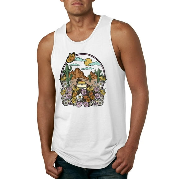 Wild Bobby Trendy Landscape With Daisies Cactus Monarch Butterfly Nature Lover Men Tank Top, White, X-Large