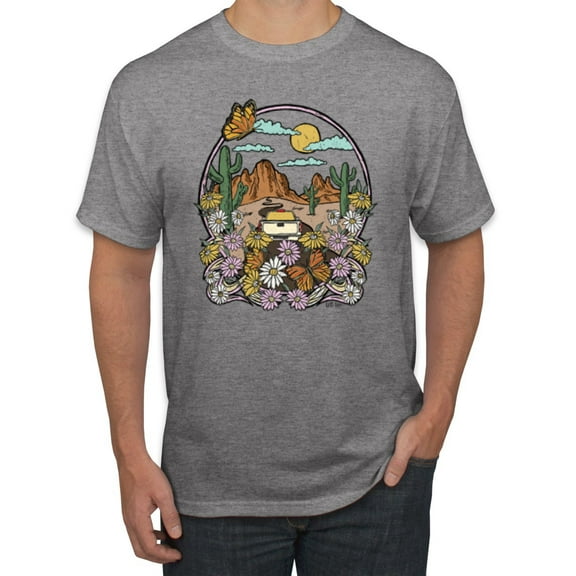 Wild Bobby Trendy Landscape With Daisies Cactus Monarch Butterfly Nature Lover Men Tee, Heather Grey, Large