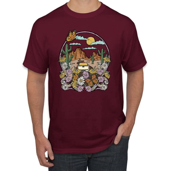 Wild Bobby Trendy Landscape With Daisies Cactus Monarch Butterfly Nature Lover Men Tee, Maroon, Medium