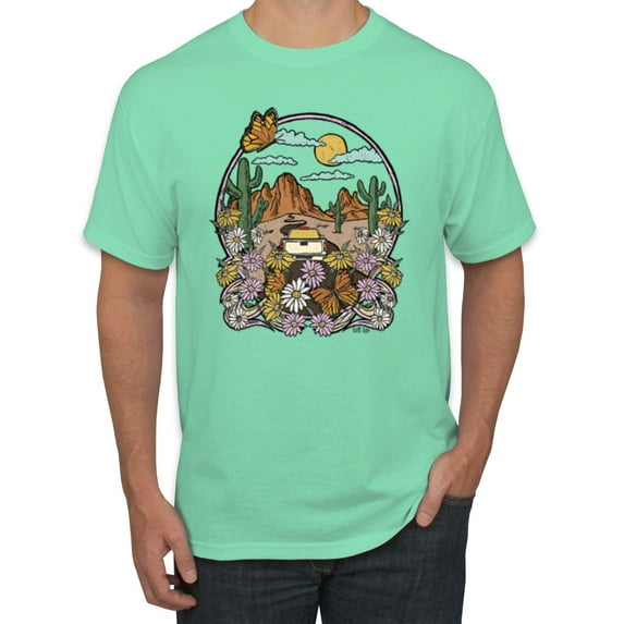 Wild Bobby Trendy Landscape With Daisies Cactus Monarch Butterfly Nature Lover Men Tee, Mint, Large
