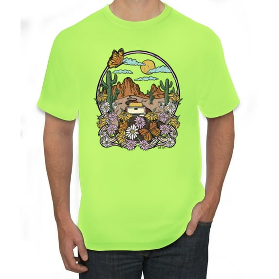 Wild Bobby Trendy Landscape With Daisies Cactus Monarch Butterfly Nature Lover Men Tee, Safety Green, 5X-Large