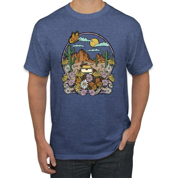 Wild Bobby Trendy Landscape With Daisies Cactus Monarch Butterfly Nature Lover Men Tee, Vintage Heather Blue, 5X-Large