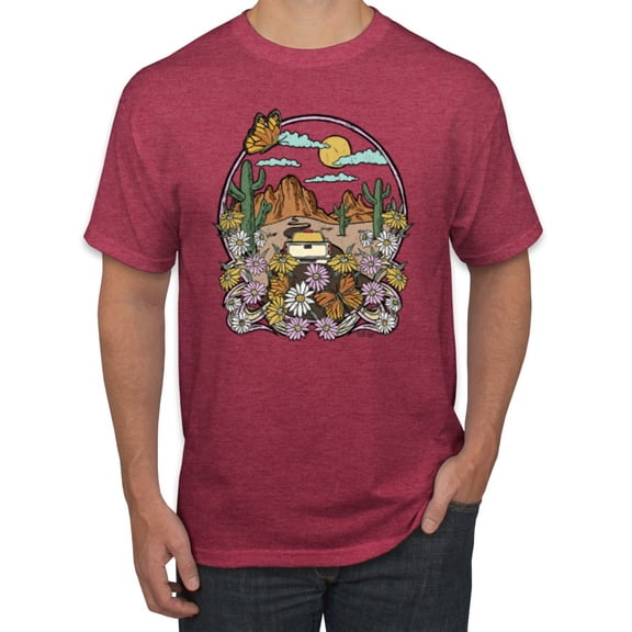 Wild Bobby Trendy Landscape With Daisies Cactus Monarch Butterfly Nature Lover Men Tee, Vintage Heather Red, Medium