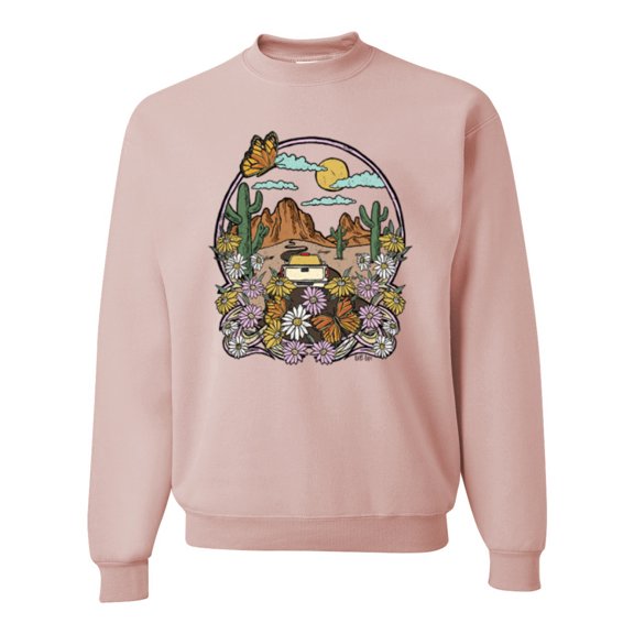 Wild Bobby Trendy Landscape With Daisies Cactus Monarch Butterfly Nature Lover Unisex Crewneck Sweatshirt, Blush Pink, 3X-Large